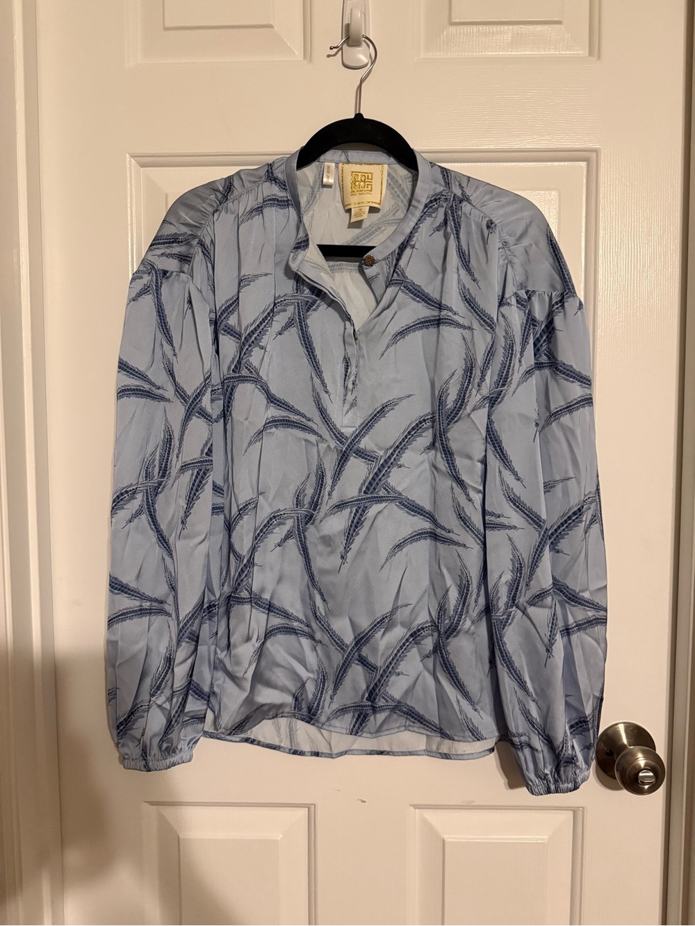 Emily McCarthy Poppy Top Small Light Blue Feather Palm Satin Pullover Gold